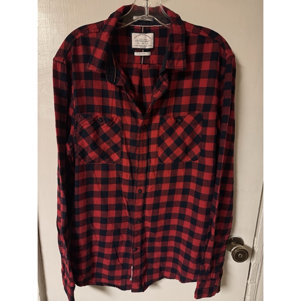 The American Dream Red And Navy Plaid Button Up Slim Fit Women's Shirt Size XL